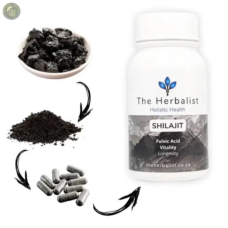 Herbal Haven Shilajit wellness herbal supplements for vitality and longevity in a white bottle with capsules