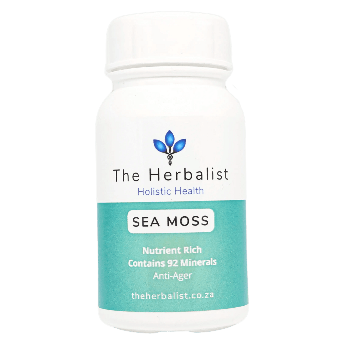 Herbal Haven wellness sea moss capsules in a white bottle for holistic health benefits