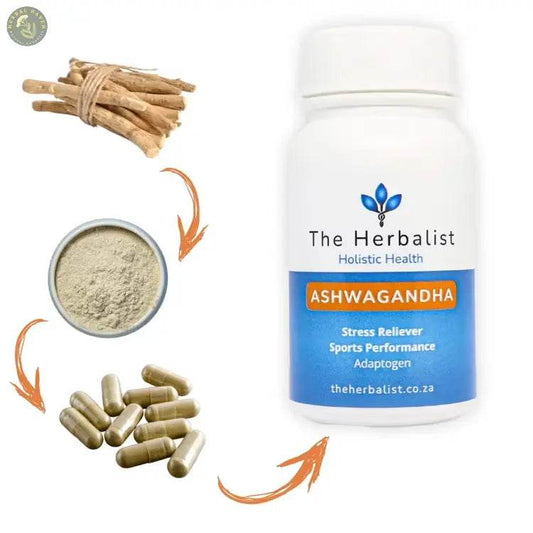Ashwagandha supplement for stress relief and sports performance with powder and capsules