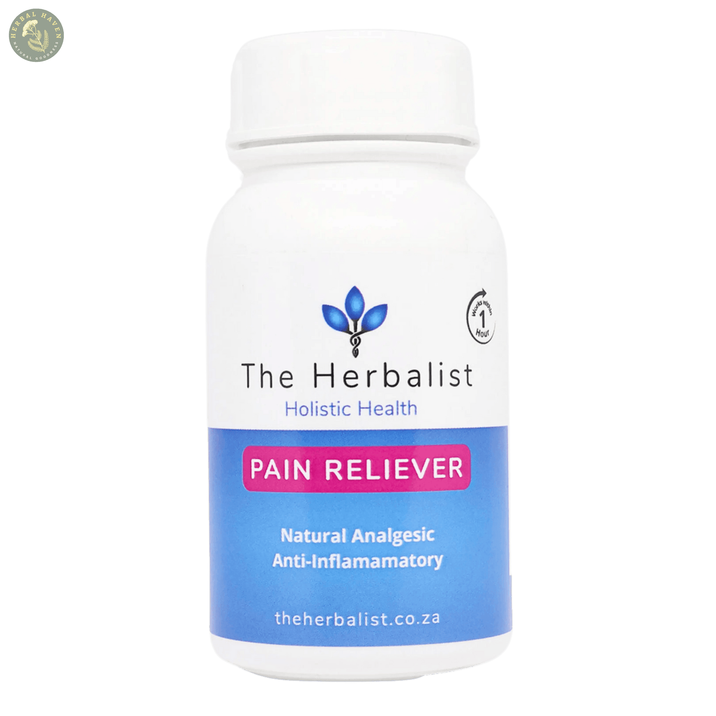 Herbal Haven natural pain reliever capsules in a white bottle with blue label for effective pain relief
