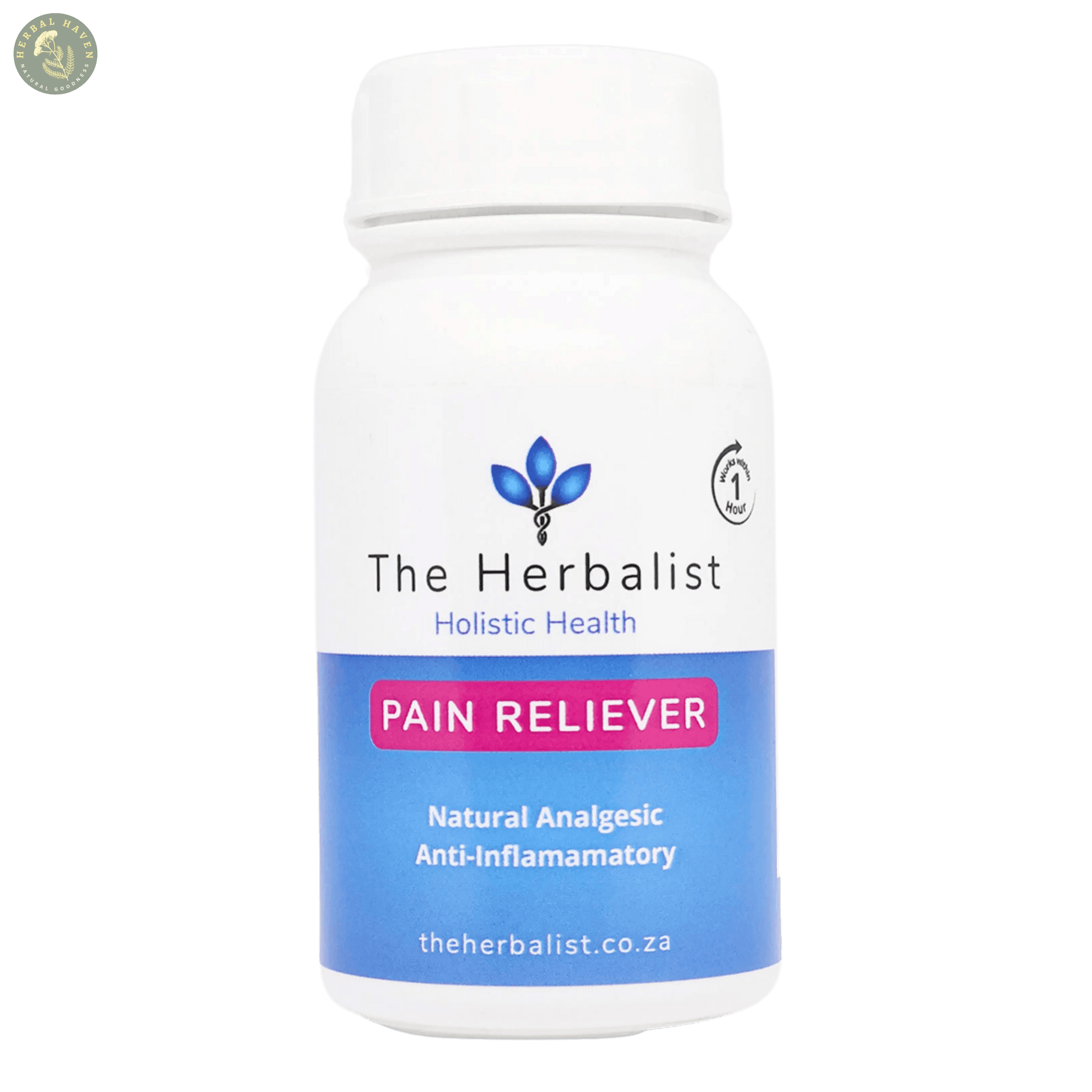 Herbal Haven natural pain reliever capsules in a white bottle with blue label for effective pain relief