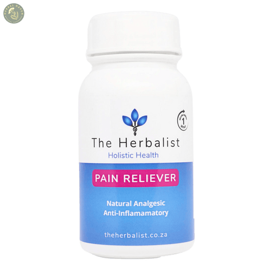 Herbal Haven natural pain reliever capsules in a white bottle with blue label for effective pain relief