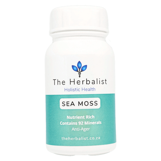 Herbal Haven wellness sea moss capsules in a white bottle for holistic health benefits